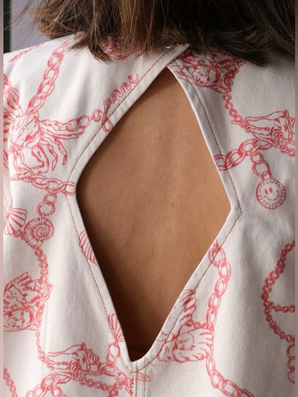 Ganni RARE Lobster Seashell Print Nautical Denim Mini Dress 4 Cream Red Shift - Picture 3 of 16
